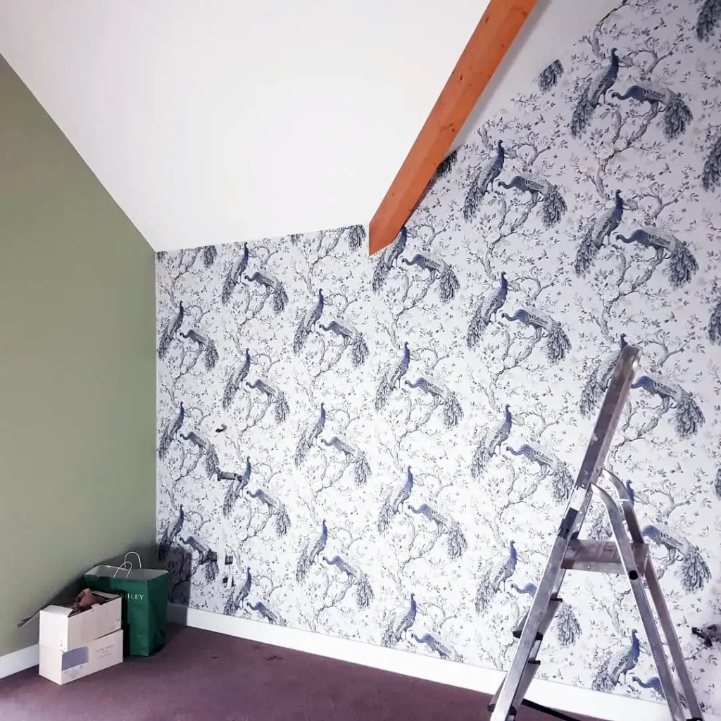 Peacock patterned wallpaper installation by Fineline Decorators Plymouth, Devon & Cornwall